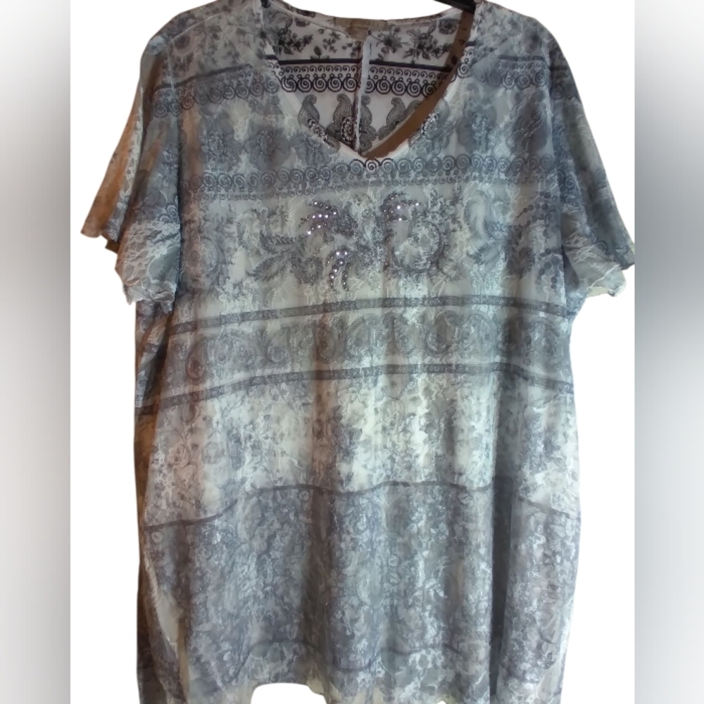 Roz & Ali Lace Overlay Top Size 1X Rhinestone Detail Boho Romantic Cottagecore